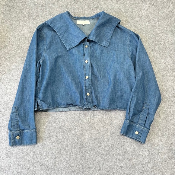 Zara Tops - Zara Womens Cropped Denim Shirt Medium Wash Sailor Collar Coquette Cottagecore